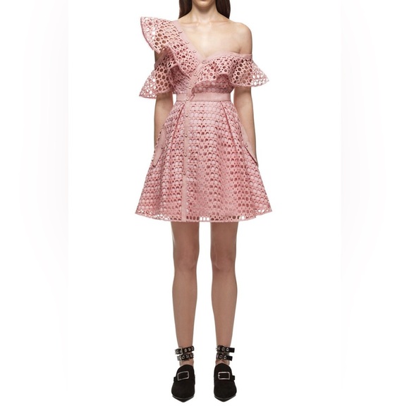 Self-Portrait | Lace Frill Asymmetric Cold-Shoulder Fit & Flare Pink Mini Dress - Picture 4 of 16